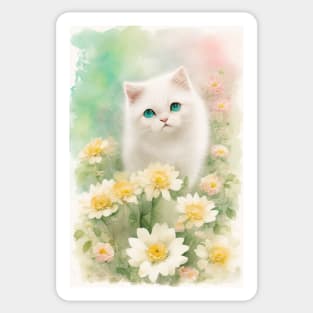 Happy White Cat in the Flower Garden Soft Pastel Colors Sticker